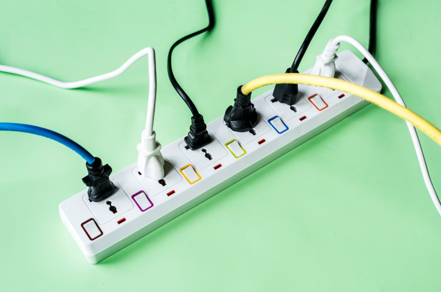 Power strip with multiple devices plugged in showing hidden energy drains in your home